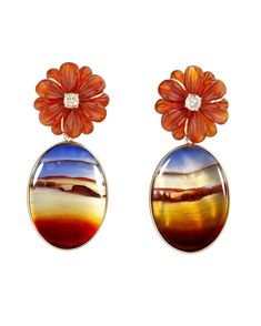 pearlized Landscape Agate earrings with red Agate flower and Aquamarine center Agate Earrings, Agate Jewelry, Red Agate, Harpers Bazaar, How To Style, Aquamarine, Agate, Fine Jewelry, Yellow Gold