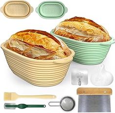 two pies in pans next to baking utensils