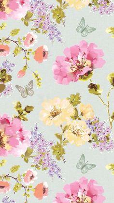 a blue background with pink and yellow flowers