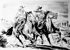 a drawing of two cowboys riding horses in the desert