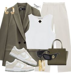 Smart Casual Workwear, Earrings Cartier, Nike Sunglasses, Smart Casual Women Outfits, Outfits Styling, Trendy Outfit Inspo, Blazer Zara, Cartier Earrings, Trainers Nike