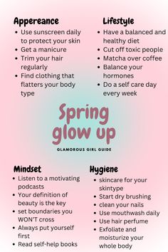 Let's glow up this spring and become the best version of ourselves!! / Glow up tips, glow up challenge, glow up aesthetic, glow up list, summer glow up, spring glow up, how to glow up, spring aesthetic, spring wallpaper, aura wallpaper, self care, self love, goals, vision board, spring vision board, march, may, april, summer glow up, summer glow up checklist, workout, self improvement, personal development, that gir checklist, how too become that girl, mindset glow up, lifestyle glow up, hygiene glow up, physical glow up April Glow Up Challenge, April Glow Up, Spring Glow Up Checklist, Spring Break Glow Up Challenge, 3 Day Glow Up, Hoț Girl Summer Glow Up, Glow Up Over Spring Break, Spring Break Glow Up, Spring Glow Up