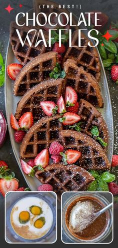 chocolate waffles with strawberries on the side