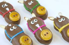 chocolate pigs with eyes, nose and ears decorated to look like cow's head