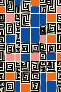 an orange, blue and black pattern with squares