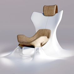 a white chair with a cork seat on it's back and footrests