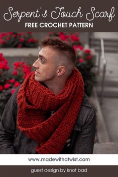 a man wearing a red scarf with text overlay that says, free crochet pattern