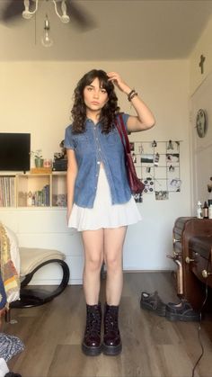 Tank And Sweater Outfit, Mid Size Trendy Outfits, Button Up Under Dress Outfit, Easy Outfit Inspo Summer, Dress As A Shirt Outfit, Medium Weather Outfits, Denim Shirt With Skirt Outfit, Layering Camisole Outfit, Granny Outfits Aesthetic