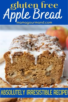 an apple bread with white icing and apples in the background