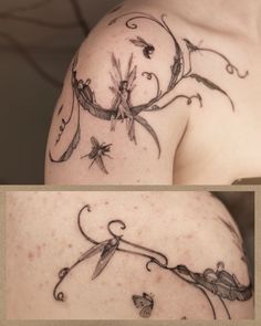 two pictures of the back of a woman's shoulder with tattoos on it