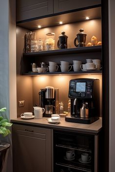 a coffee maker is sitting on the counter in front of some cups and saucers