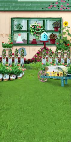 a house with lots of potted plants in front of it and a car parked on the lawn