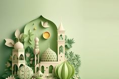 a paper cut illustration of a mosque surrounded by greenery and flowers on a green background