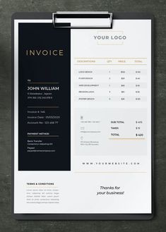 a black and white invoice on a clipboard