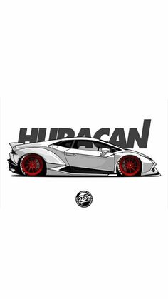 a white car with red rims and the words huracan on it