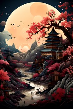 Iphone Wallpaper Chinese, Trending Wallpapers, Japanese Art Samurai, Sunset Canvas Painting, Halloween Wallpapers, Chinese Landscape Painting, Dreamy Artwork