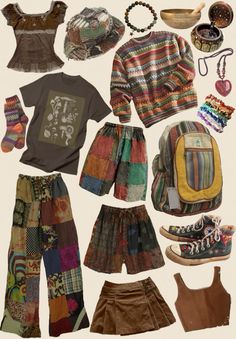 aesthetic collage of colorful clothes #hippie #clothes Hippy Aesthetic Pictures, 80s Hippie Aesthetic, Indiecore Outfits, Funky Clothes Aesthetic, Colorful Hippie Outfits, Hippie Core Aesthetic, Hippy Outfits Aesthetic, Vintage Hippie Outfits, Hippie Clothes 70s