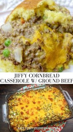 two pictures with different types of casserole and ground beef in them on plates