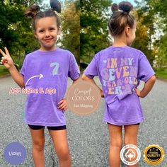 Looking for a high-quality gift shirt? This Comfort Color t-shirt is the best option✨ **Comfort Color 7th Birthday Girl Shirt Girl,Seventh Birthday Shirt Girl,Custom In My 7 Year Old Era Shirt With Name and Age,Seven Bday Tshirt** ✨Our designs are original creations✨ ✨We welcome any custom orders you may have. Please message us! ✨ Celebrate your little one's special day with our Comfort Color 7th Birthday Girl Shirt! This custom "In My 7 Year Old Era" shirt features your child's name and age for Casual Purple Top For Birthday, 9th Birthday Shirt Girl, Casual Purple T-shirt For Birthday, 7th Birthday Shirt, 6th Birthday Girl Shirt, Casual Purple Birthday T-shirt, Girls 7th Birthday Shirt, 8 And Great Birthday Shirt, 6th Birthday Girls