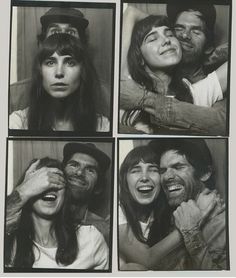 four black and white photos of people with different facial expressions, including one woman holding the man's head