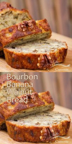 two pictures of banana walnut bread on a cutting board with the words bourbon banana walnut bread