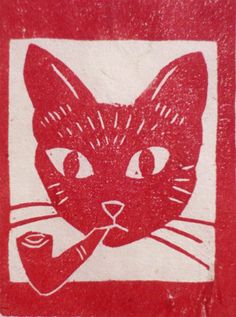 a red and white drawing of a cat with a pipe in it's mouth