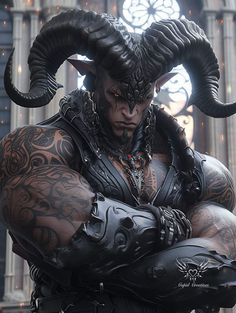 a man with large horns and tattoos standing in front of a clock tower wearing armor