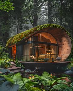 a house in the middle of a forest with plants growing on it's roof