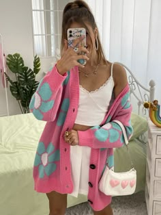 Multicolor Casual Collar Long Sleeve Polyester Floral Coat Embellished Slight Stretch Fall/Winter Women Knitwear Shoulder Cardigan, Drop Shoulder Cardigan, Lantern Sleeved Blouses, Drop Shoulder Tee, How To Hem Pants, Drop Shoulder Sweaters, Estilo Hip Hop, Pink Cardigan, Floral Pants