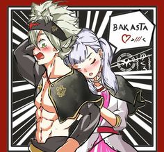 an image of two anime characters in front of a red and black background with the words bak asta on it