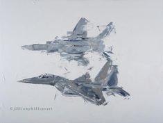 an abstract painting of two fighter jets flying in the sky, one is painted gray and white