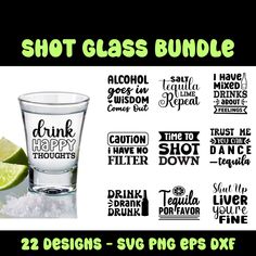 the shot glass bundle includes two shots, one lime slice and four different labels for each drink