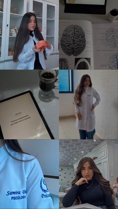 a collage of photos with women in white lab coats and brain images on the wall