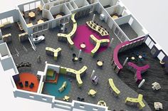 an aerial view of a large office building with furniture and open floor plan, as well as the reception area