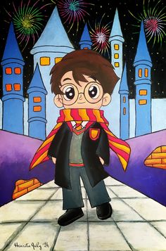 a painting of a boy dressed up as harry potter with fireworks in the sky behind him