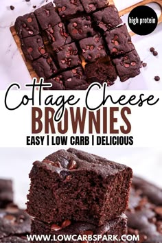 chocolate brownies stacked on top of each other with text overlay that reads cottage cheese brownies easy low carb delicious