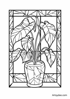 a black and white drawing of a potted plant in front of a stained glass window