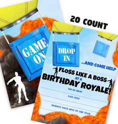 two birthday cards with an image of a man on fire and the words game on