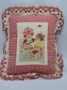 Vintage rare 1982 Handmade embroidered Strawberry Shortcake and Apple Dumpling decorative pillow. This is a tightly woven pillow that measures 14 x 13 inches. No rips, stains or tears. Just an exquisite piece. Dumpling Pillow, Embroidered Strawberry, Apple Dumpling, Strawberry Shortcake Cartoon, Apple Dumplings, Strawberry Shortcake Doll, Woven Pillow, Vintage Strawberry Shortcake, Strawberry Fields