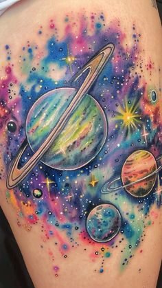 Fem Tattoos, Tattoo Planets, Watercolor Galaxy Tattoo, Galaxy Tattoos, Watercolor Tattoo Sleeve, Neat Tattoos, Pastel Galaxy