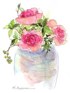 a watercolor painting of pink roses in a vase