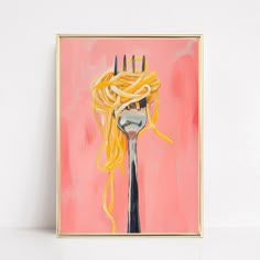 a painting of spaghetti on a fork in front of a pink background with white walls