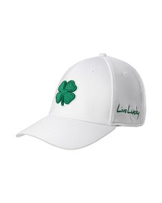 a white hat with green shamrocks on the front and side, which reads live lucky