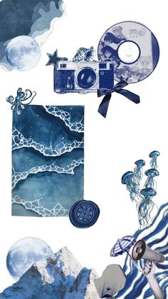 an artistic collage with blue and white artwork on it's side, including a camera