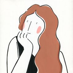 a drawing of a woman with long red hair holding her hand to her face and looking up