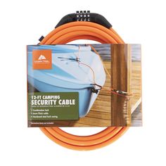 an orange cable that is attached to a wooden dock