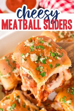 cheesy meatball sliders in a white dish with text overlay that reads cheesy meatball sliders