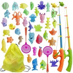 an assortment of toys including fishing rods, nets and other items on a white background