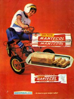 an advertisement for mantelol with a boy on a bike pulling a cart full of bread