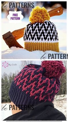 two knitted hats with different patterns on them